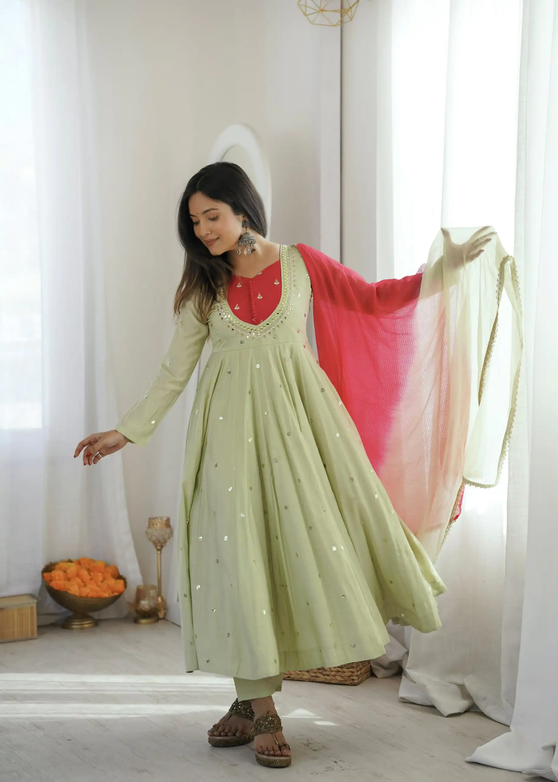 Lovely Pista Roman Silk Mirror Embroidery Work Gown - Image 13