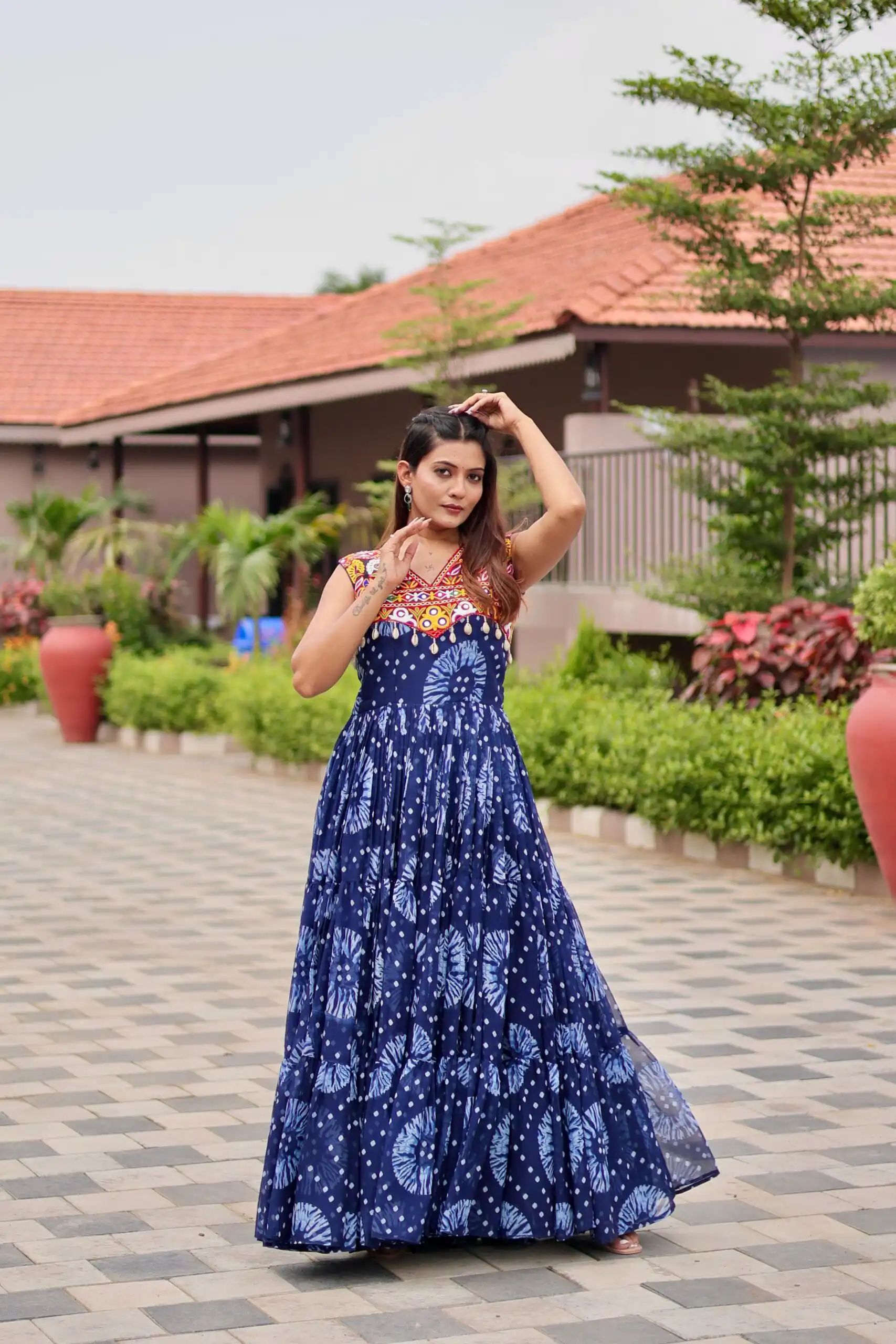 Majestic Blue Faux Georgette Mirror Work Gown - Image 2