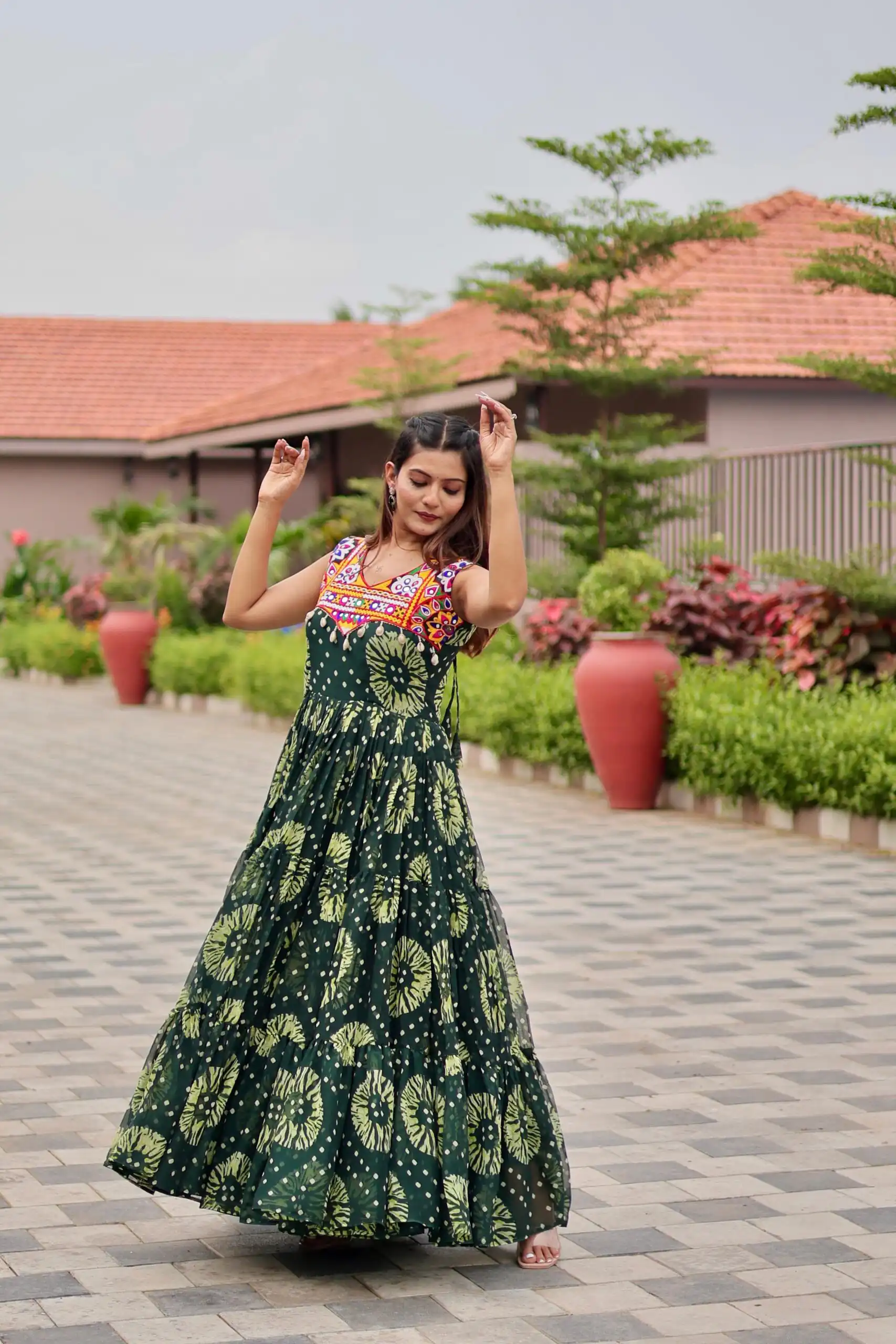 Majestic Green Faux Georgette Mirror Work Gown - Image 5