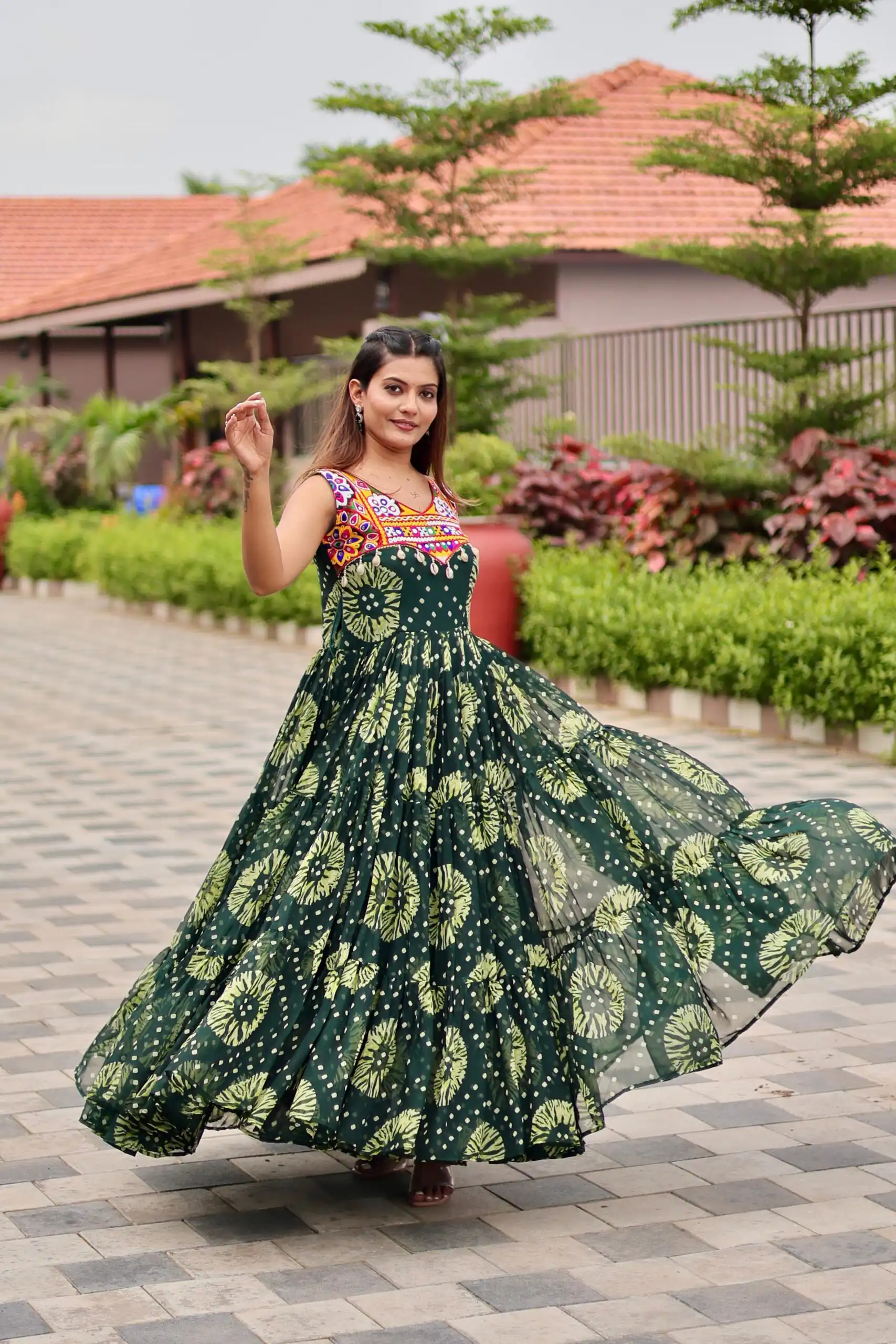 Majestic Green Faux Georgette Mirror Work Gown - Image 2
