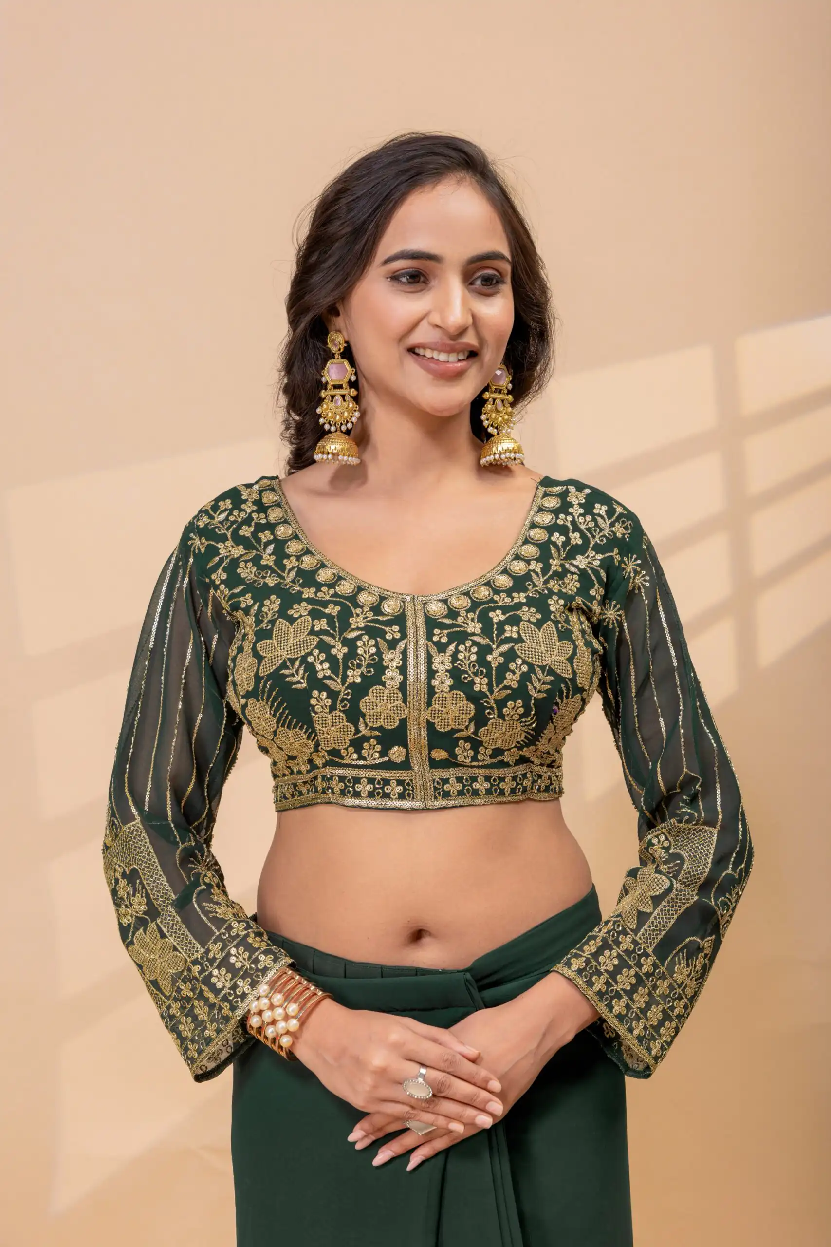 Nice Green Faux Georgette Embroidery Bead Work Saree - Image 2