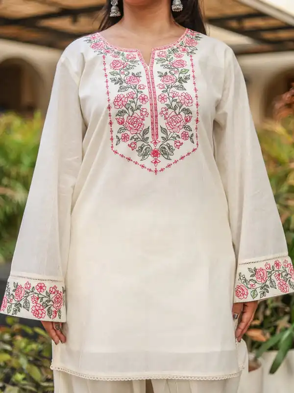 Nice Off White Khadi Cotton Embroidery Work Salwar Suit - Image 5