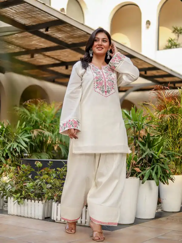 Nice Off White Khadi Cotton Embroidery Work Salwar Suit - Image 2