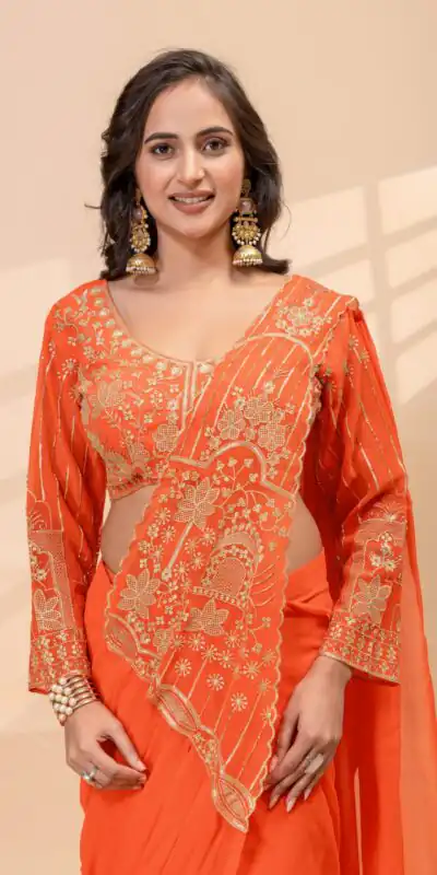 Alternative view of Nice Orange Faux Georgette Embroidery Bead Work Saree