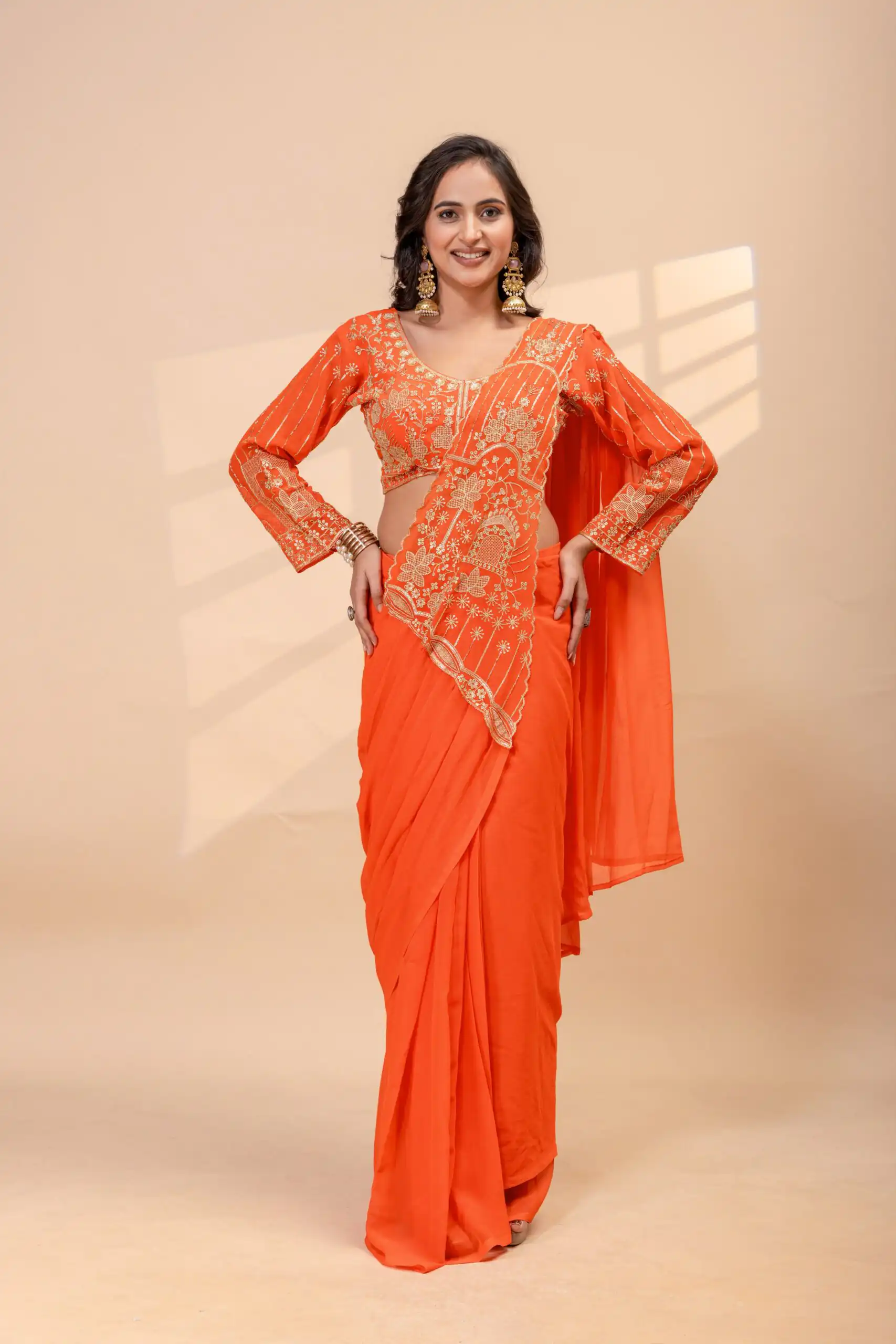 Nice Orange Faux Georgette Embroidery Bead Work Saree