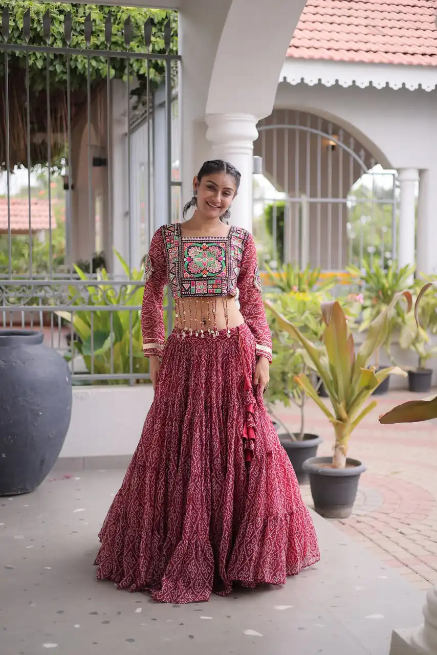 Perfect Maroon Faux Georgette Print Embroider Work Lehenga Choli - Image 2