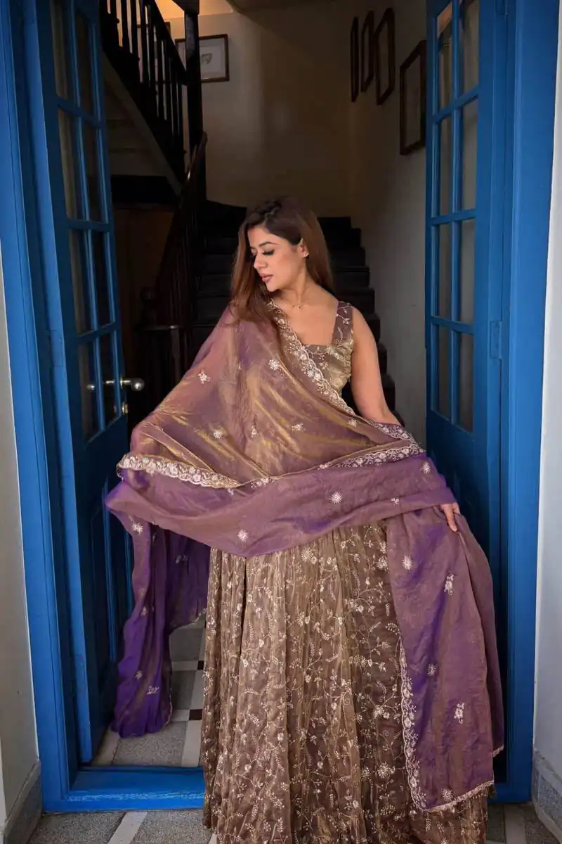 Perfect Purple Fendy Silk With Sequins Work Gown - Image 6