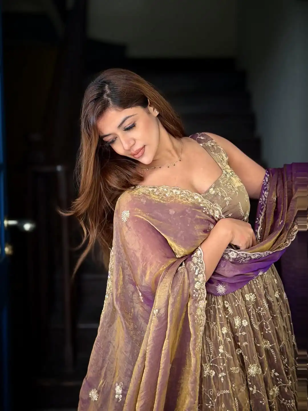 Perfect Purple Fendy Silk With Sequins Work Gown - Image 5