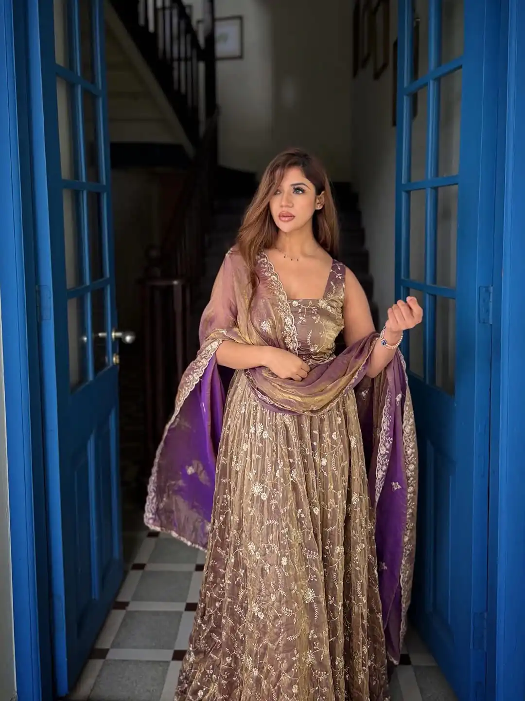 Perfect Purple Fendy Silk With Sequins Work Gown - Image 4