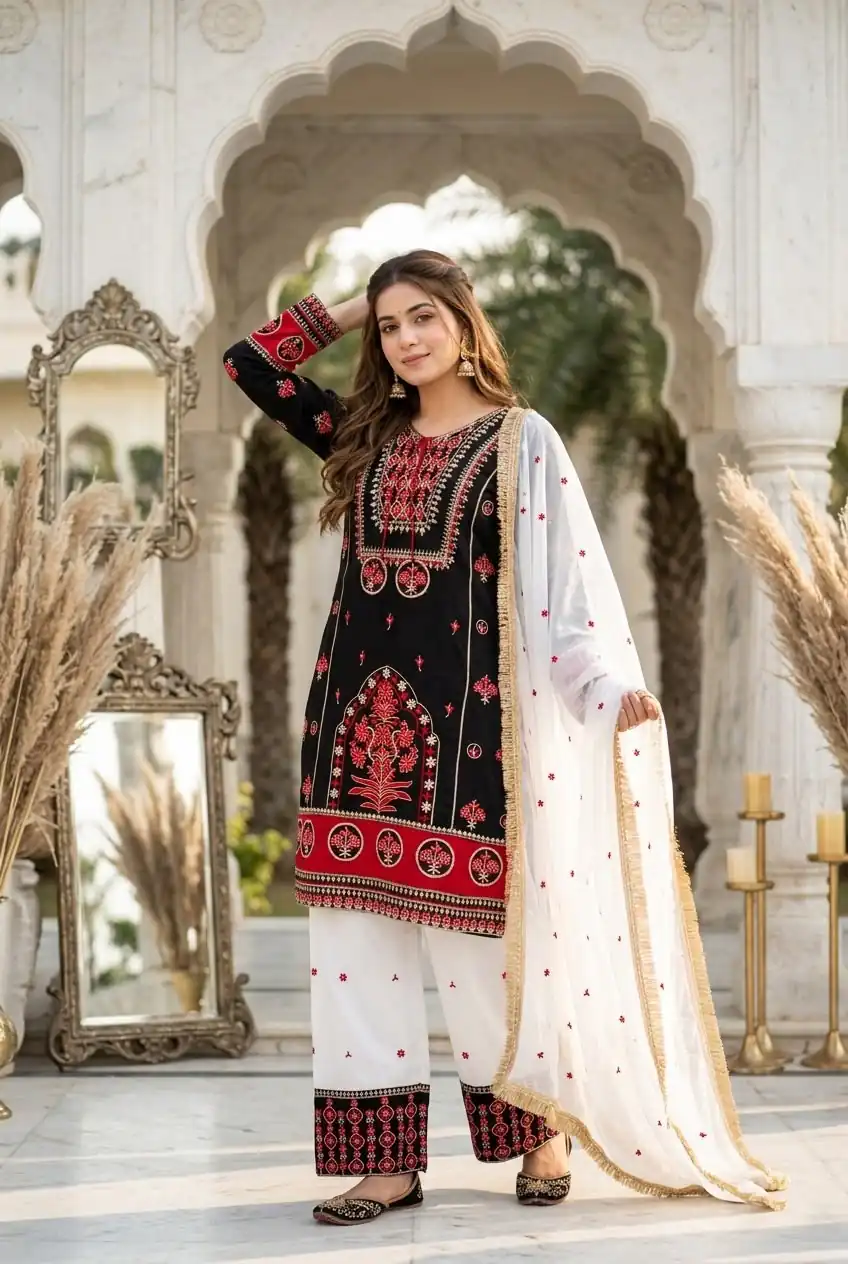 Pretty Black Natural Silk Embroider Work Salwar Suit