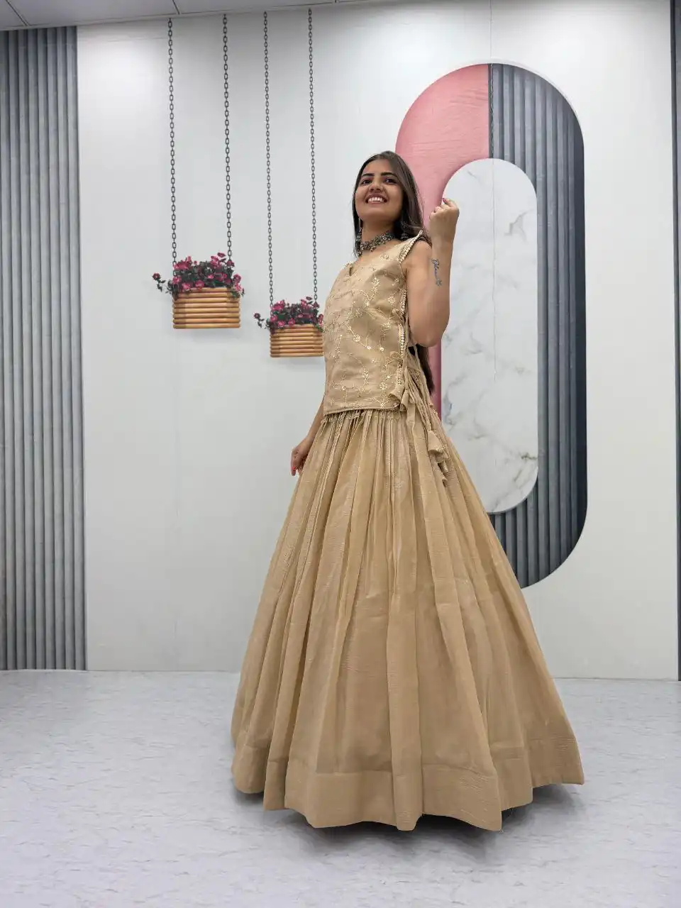 Pretty Cream Crunchy Silk With Sequins Work Lehenga Choli - Image 7