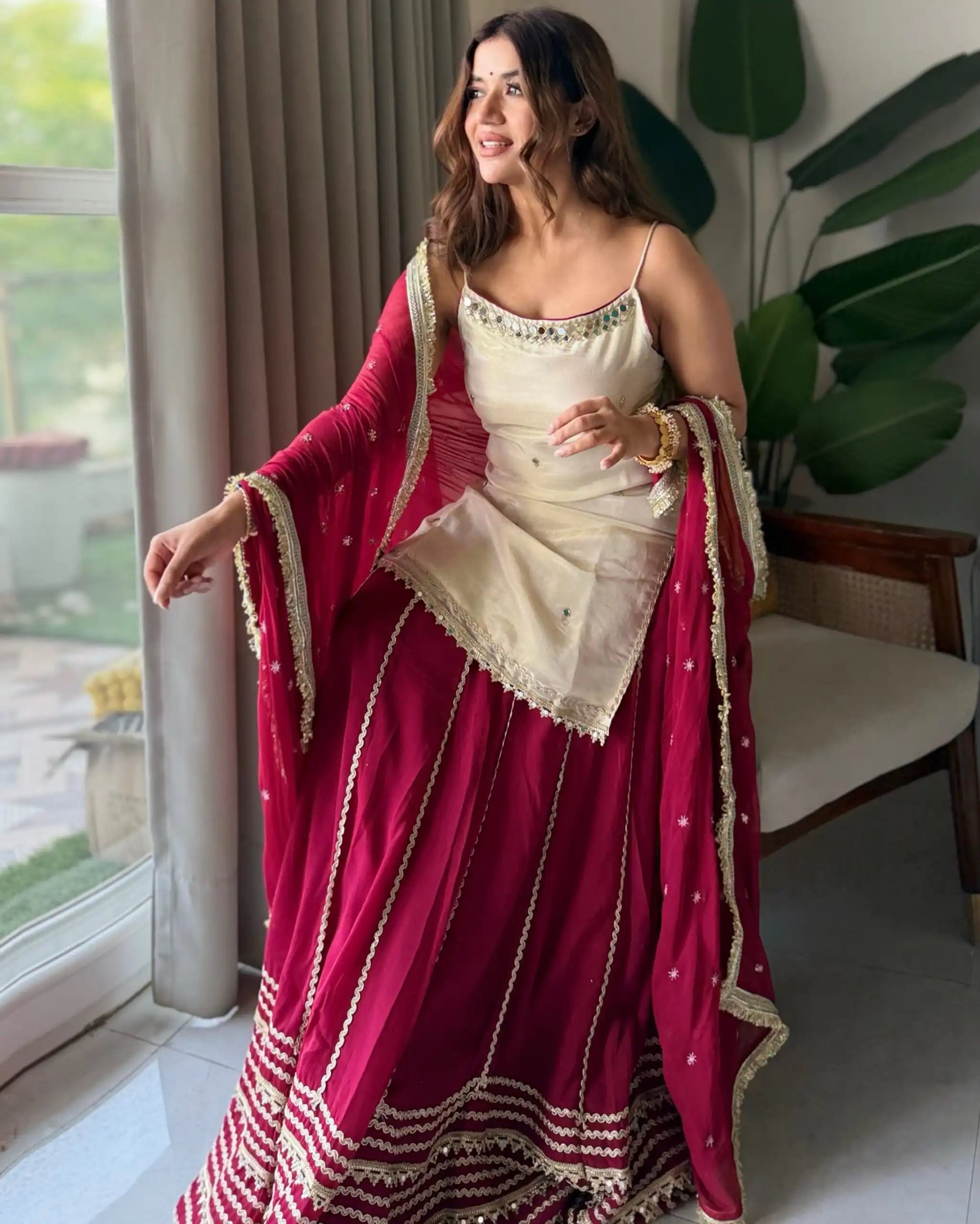 Pretty Maroon Fendy Silk Real Mirror Work Lehenga Choli - Image 3