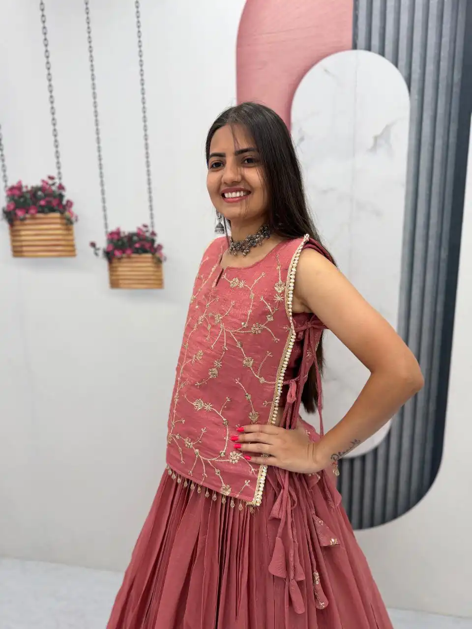 Pretty Peach Crunchy Silk With Sequins Work Lehenga Choli - Image 2
