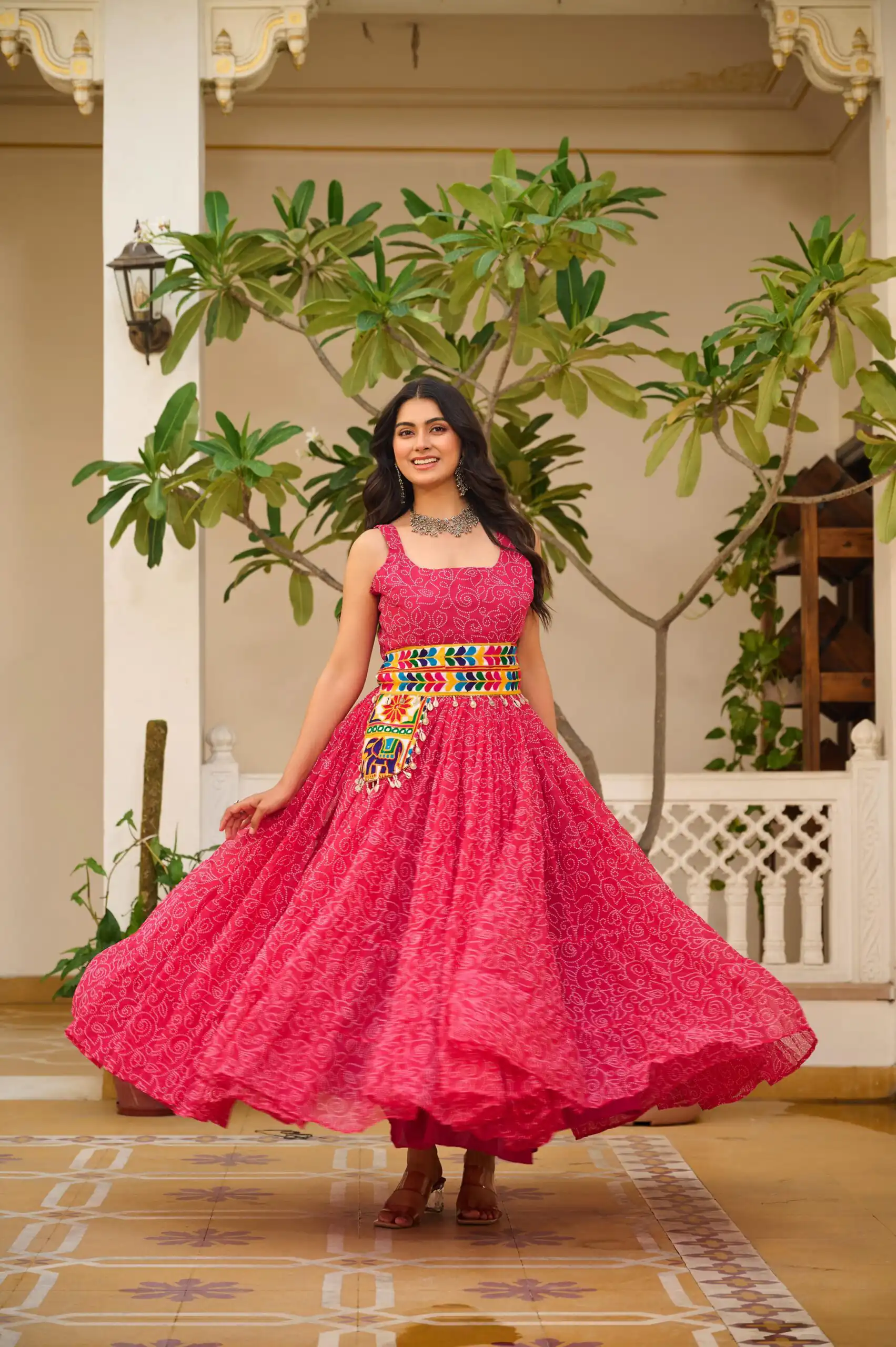 Pretty Pink Faux Georgette Mirror Gamathi Work Gown