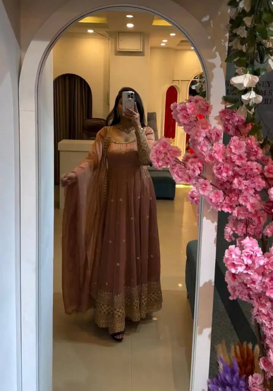 Pretty Pink Gold Crazy Embroidery Sequins Work Gown