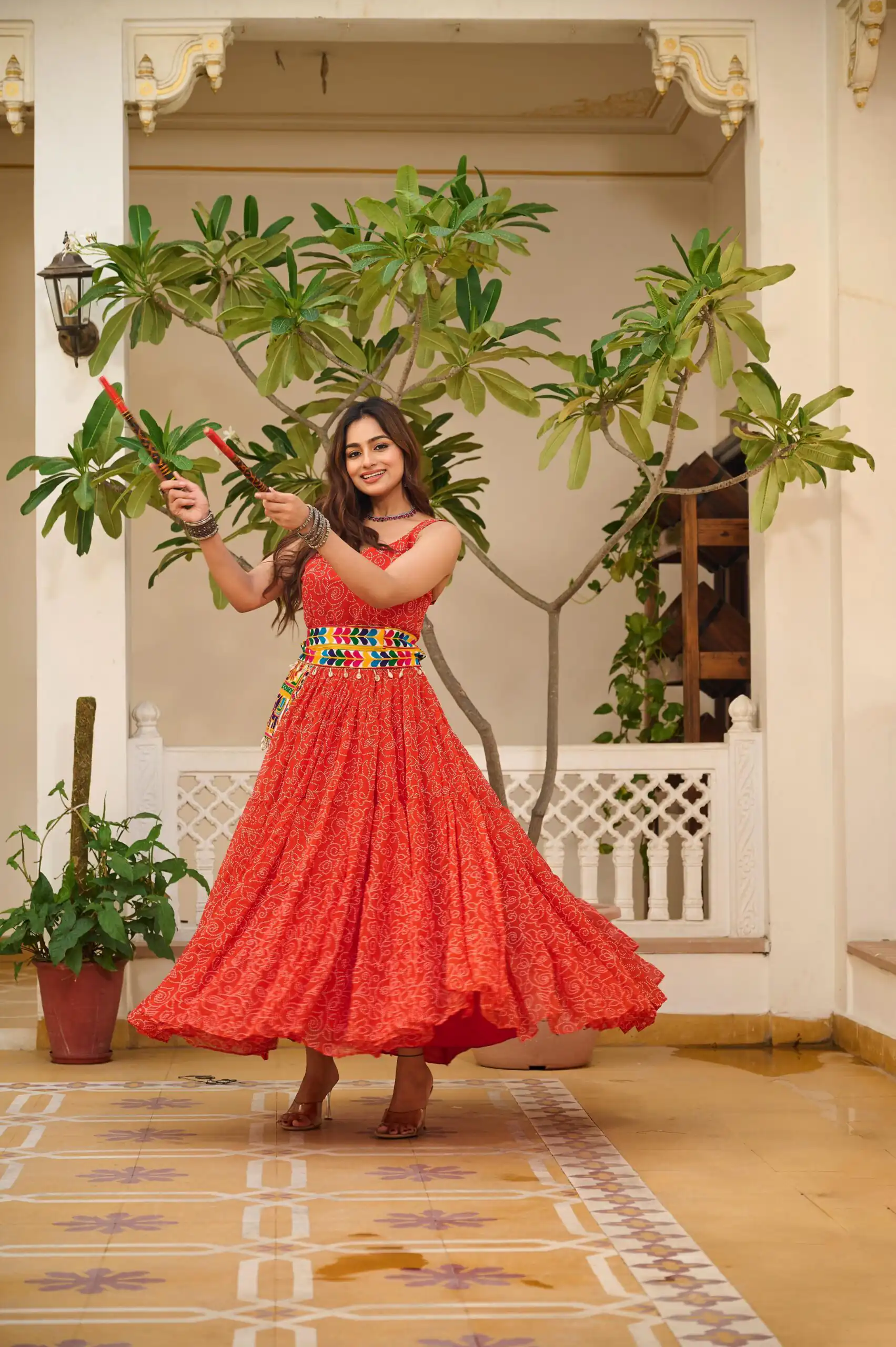 Pretty Red Faux Georgette Mirror Gamathi Work Gown - Image 3