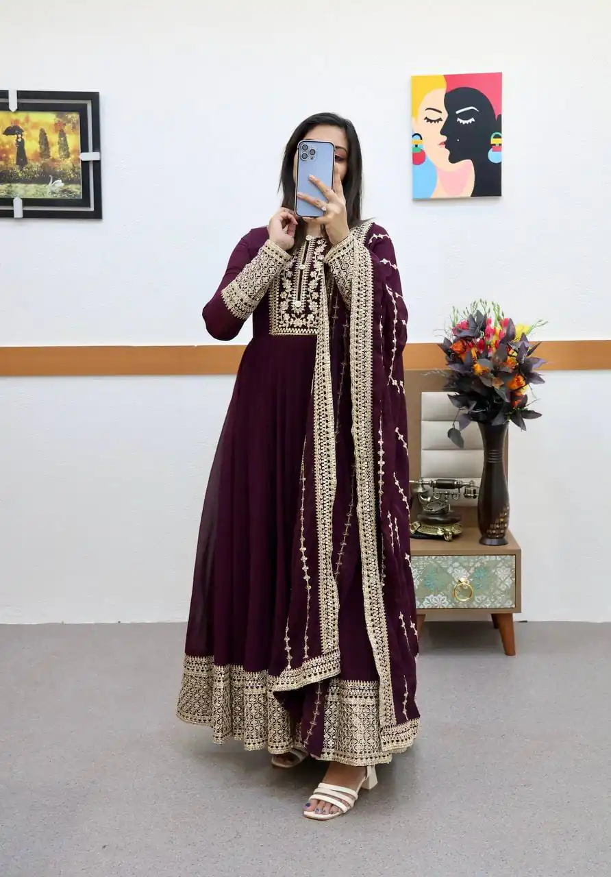 Pretty Wine Fox Georgette Sequins Work Gown - Image 3