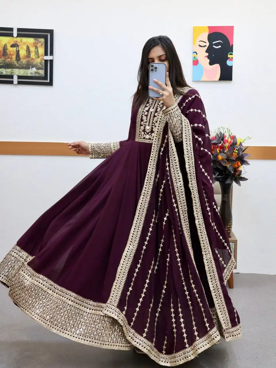 Pretty Wine Fox Georgette Sequins Work Gown - Image 2