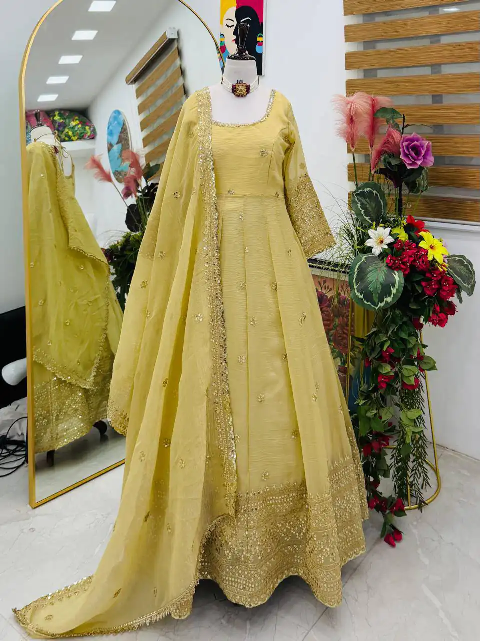 Pretty Yellow Gold Crazy Embroidery Sequins Work Gown - Image 2