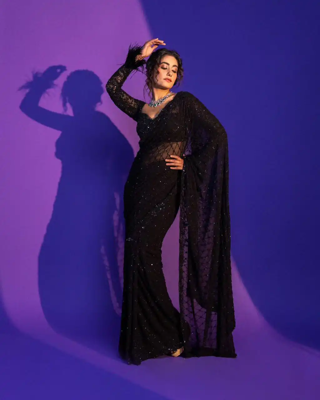 Shiny Black Soft Net Sequins Embroidery Work Saree - Image 2
