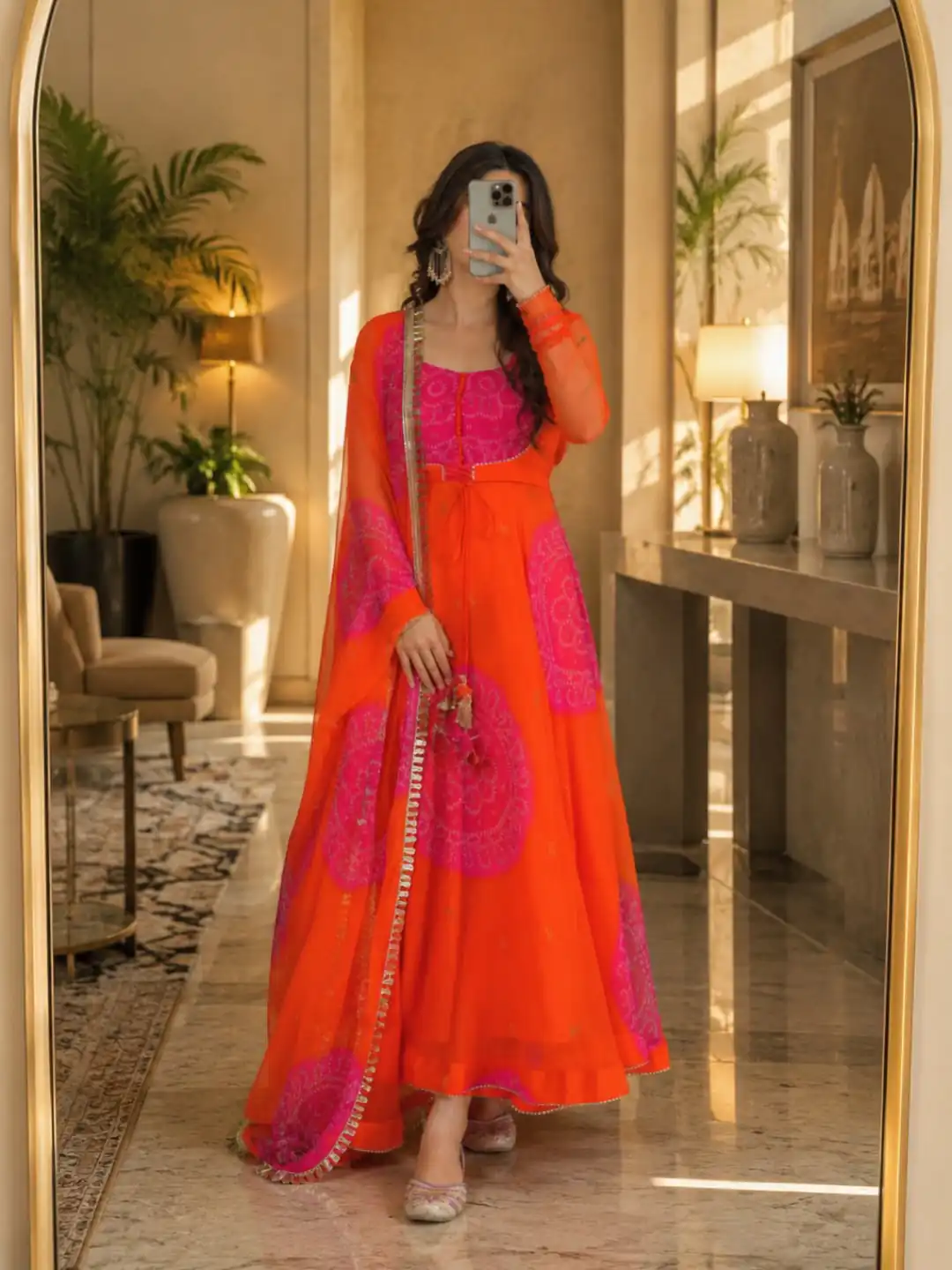 Shiny Orange Faux Georgette Digital Print Anarkali Suit