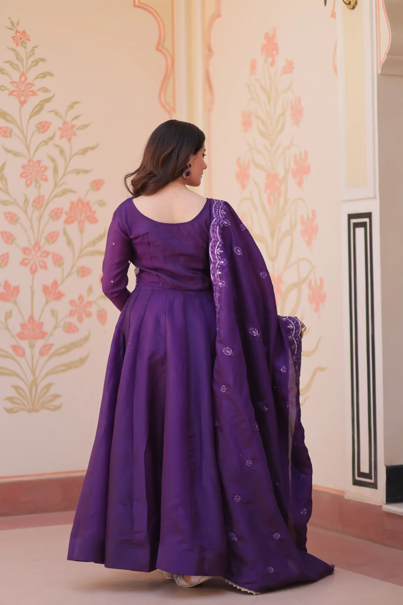 Shiny Purple Gold Crush Beads Embroidery Work Gown - Image 6