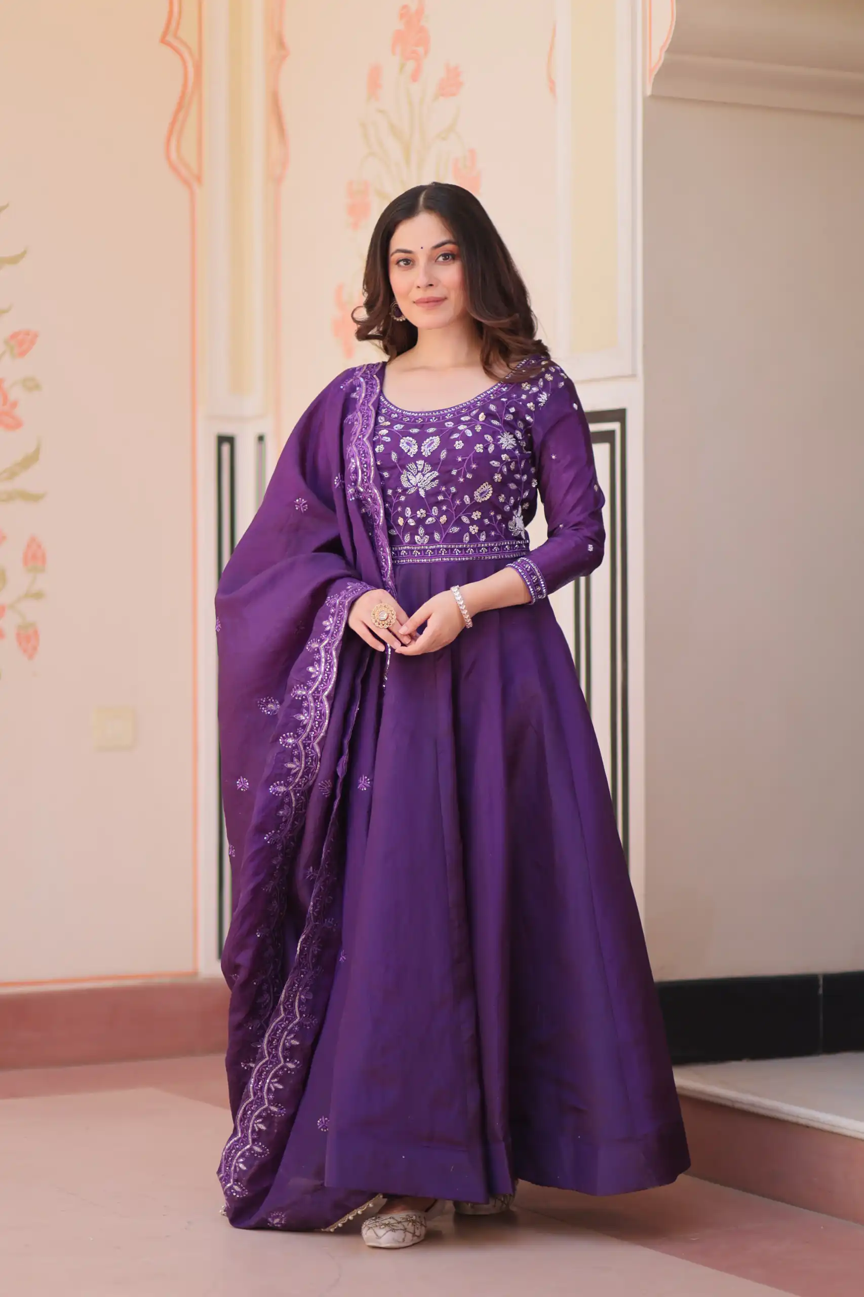 Shiny Purple Gold Crush Beads Embroidery Work Gown - Image 4
