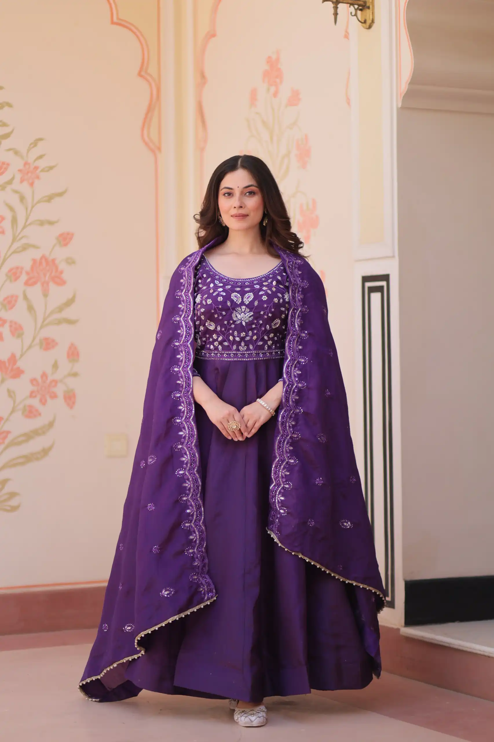 Shiny Purple Gold Crush Beads Embroidery Work Gown