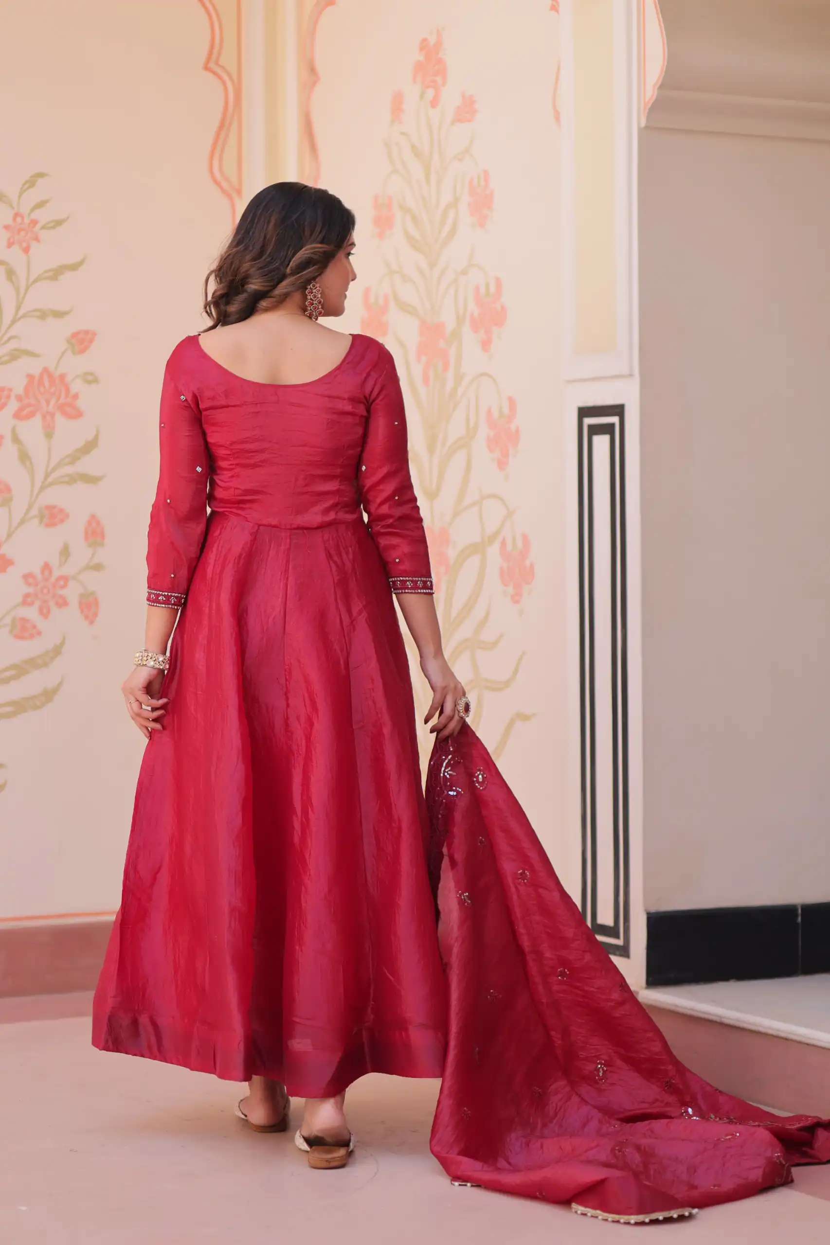 Shiny Red Gold Crush Beads Embroidery Work Gown - Image 6