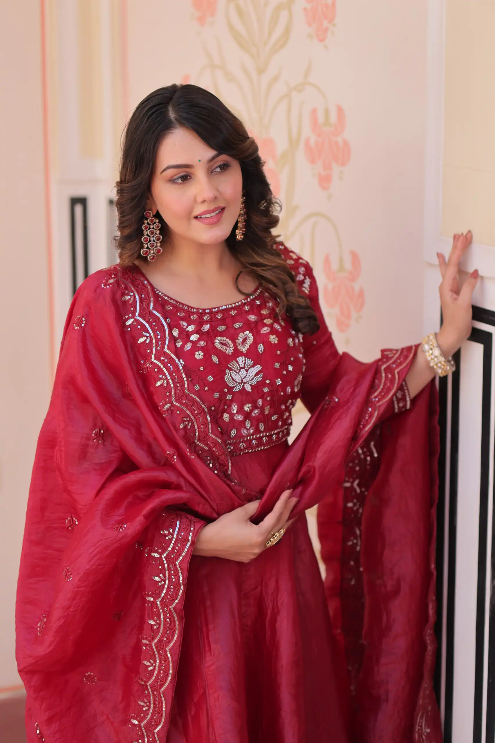 Shiny Red Gold Crush Beads Embroidery Work Gown - Image 2