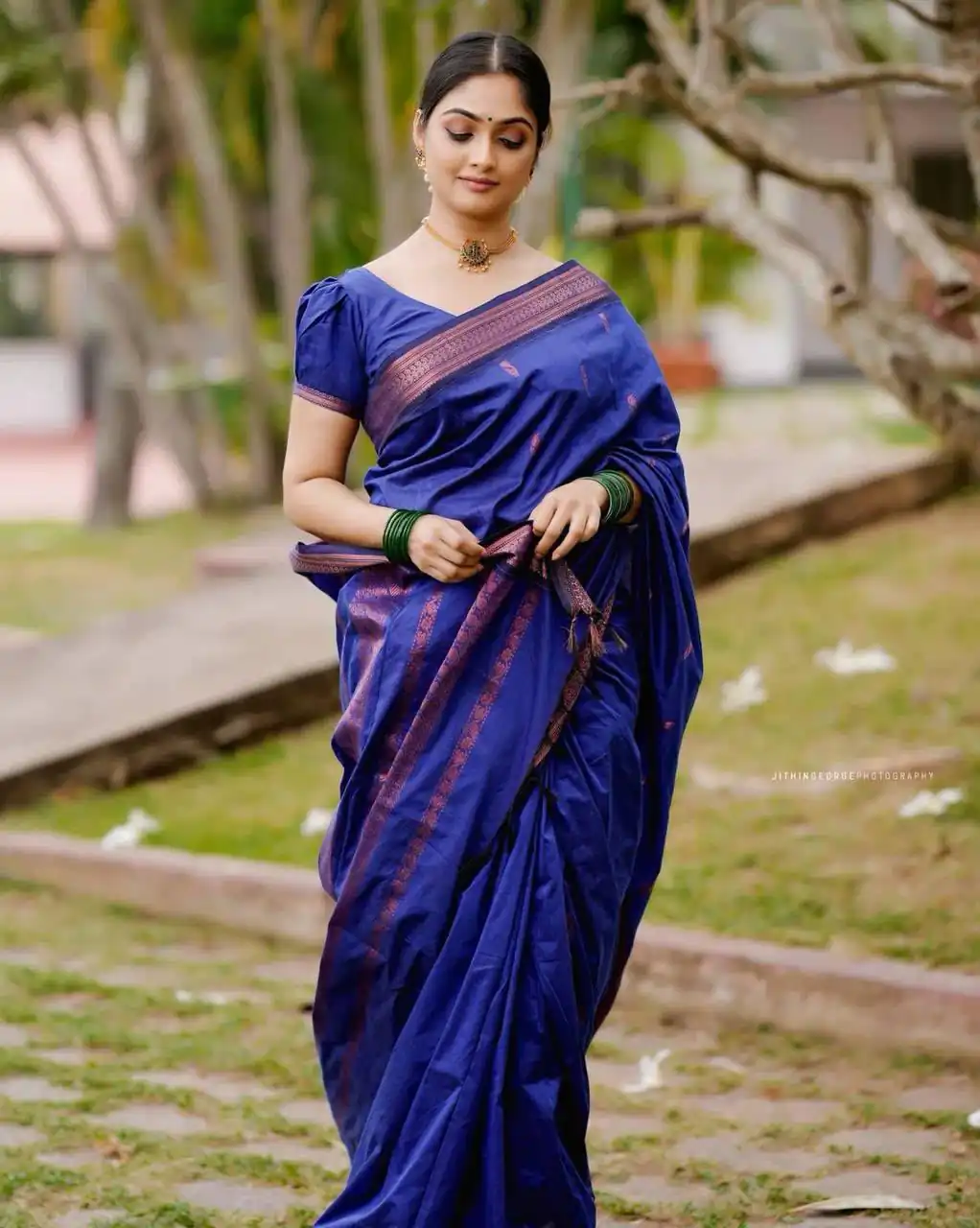 Shiny Royal Blue Soft Lichi Silk Lace Border Work Saree