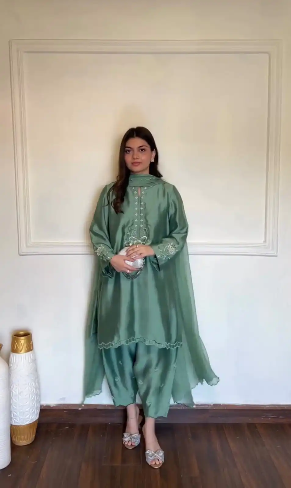 Solid Pista American Silk Sequence Work Salwar Suit