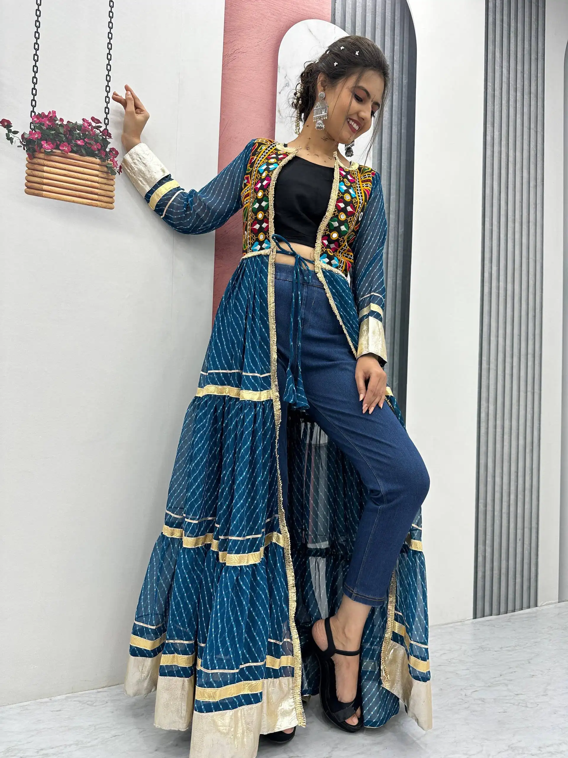 Solid Teal Fox Georgette Lace Mirror Work Kurti