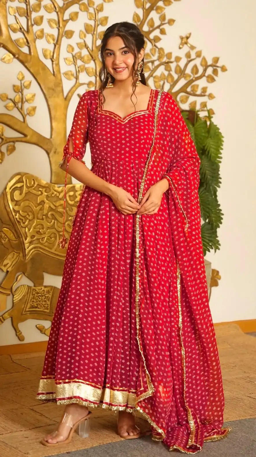 Special Red Faux Georgette Bandhani Print Work Gown - Image 2