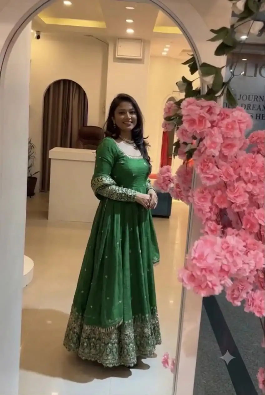 Stunning Green Crunchy Silk Embroidery Work Gown - Image 3