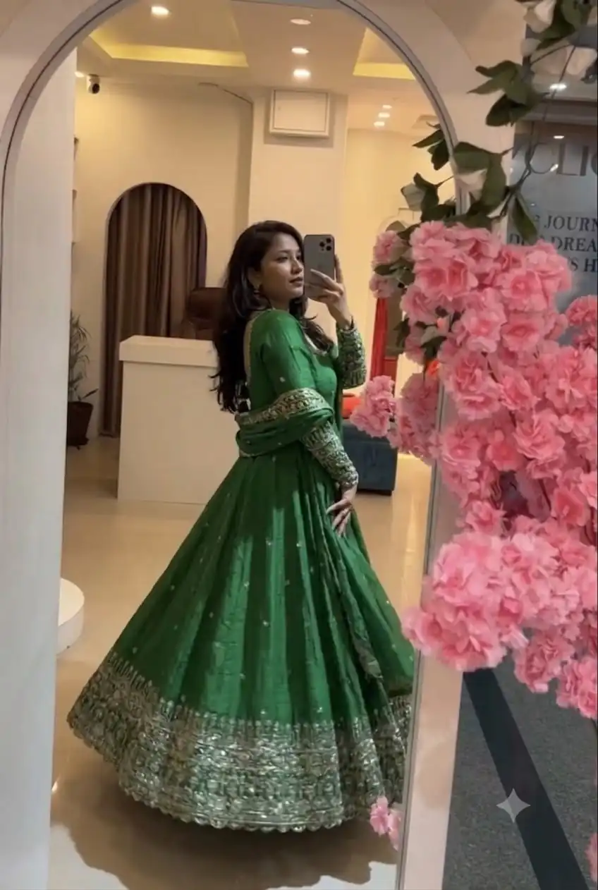 Stunning Green Crunchy Silk Embroidery Work Gown - Image 2