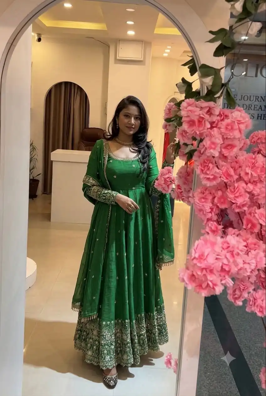 Stunning Green Crunchy Silk Embroidery Work Gown