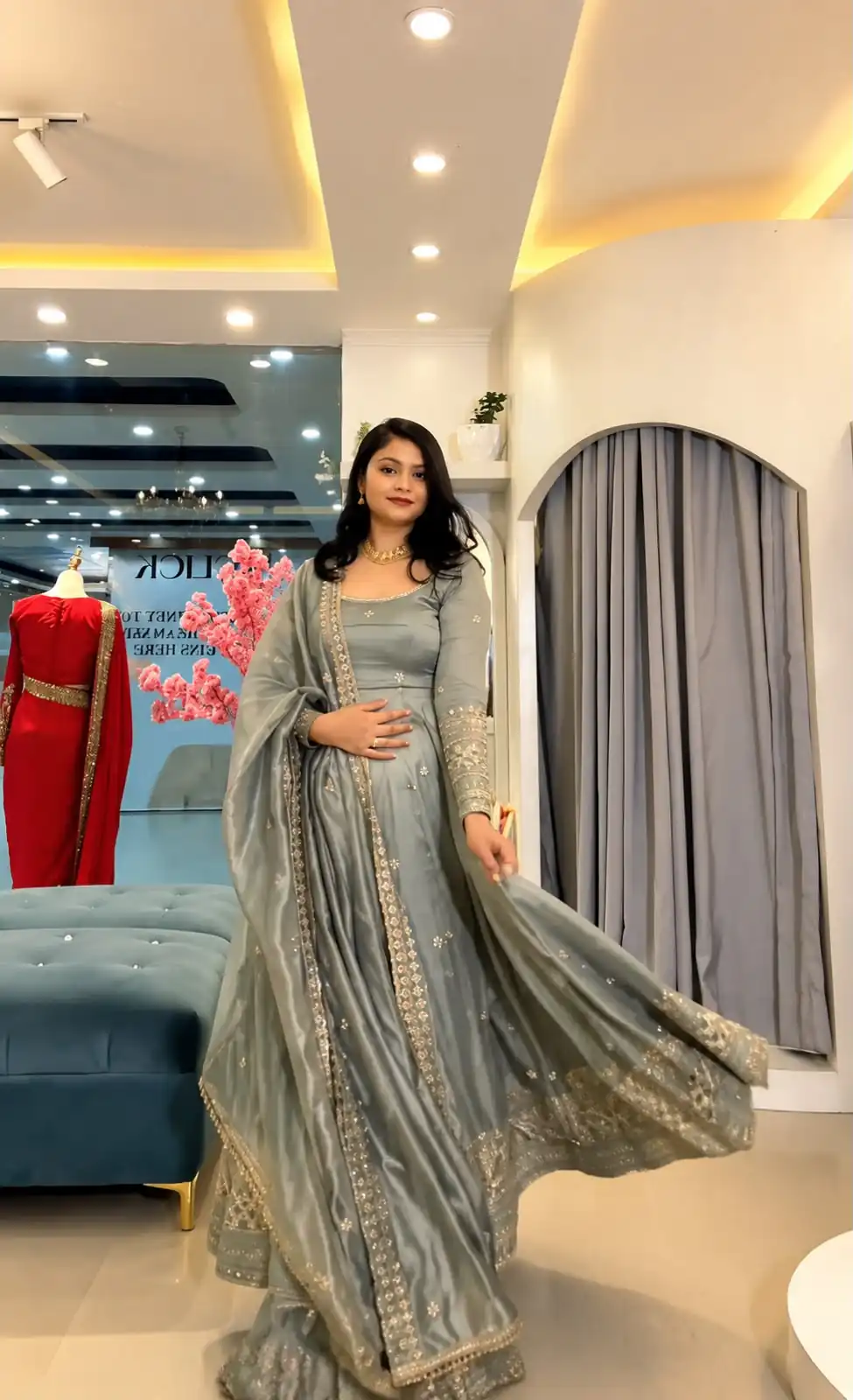 Stunning Grey Crunchy Silk Embroider Work Gown - Image 4