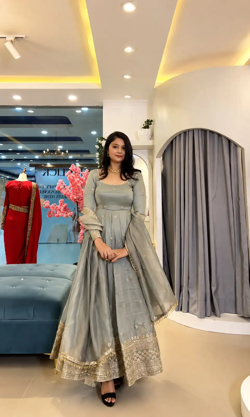 Stunning Grey Crunchy Silk Embroider Work Gown - Image 3