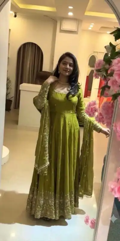 Alternative view of Stunning Lime Yellow Crunchy Silk Embroidery Work Gown