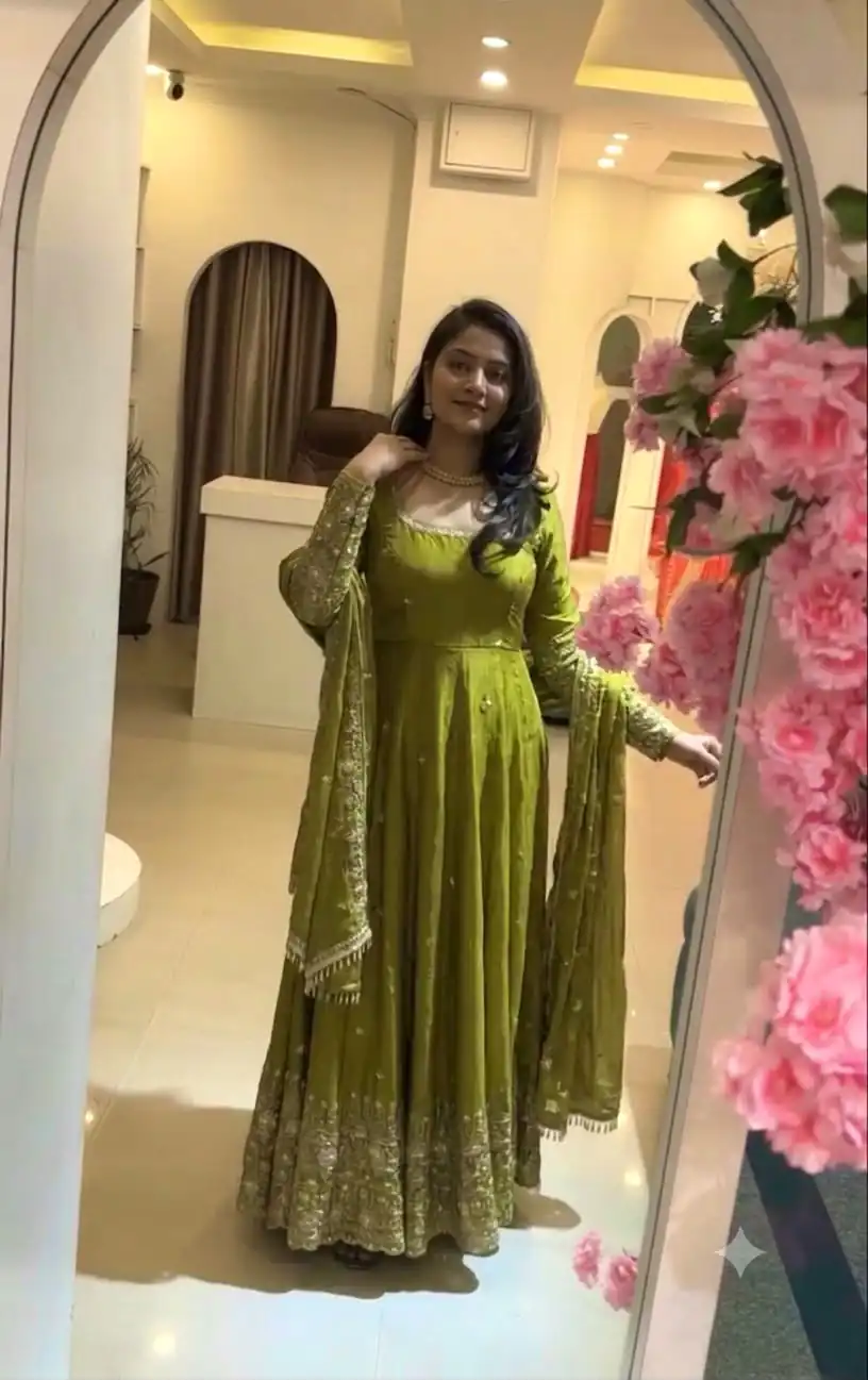 Stunning Lime Yellow Crunchy Silk Embroidery Work Gown - Image 2