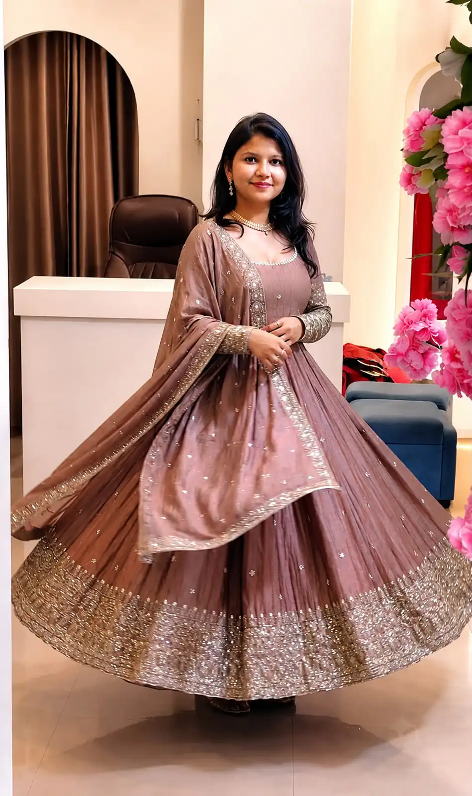 Stunning Onion Crunchy Silk Embroidery Work Gown - Image 3