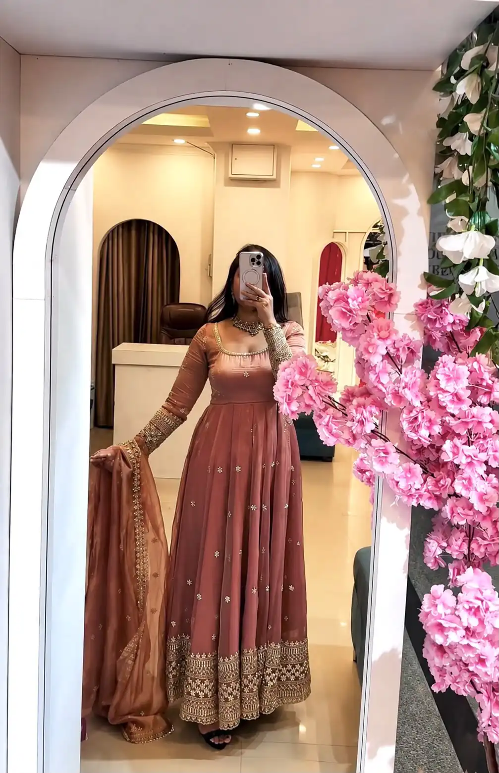 Stunning Peach Crunchy Silk Embroider Work Gown - Image 3