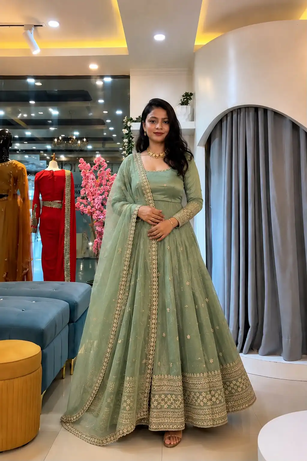 Stunning Pista Crunchy Silk Embroider Work Gown - Image 4