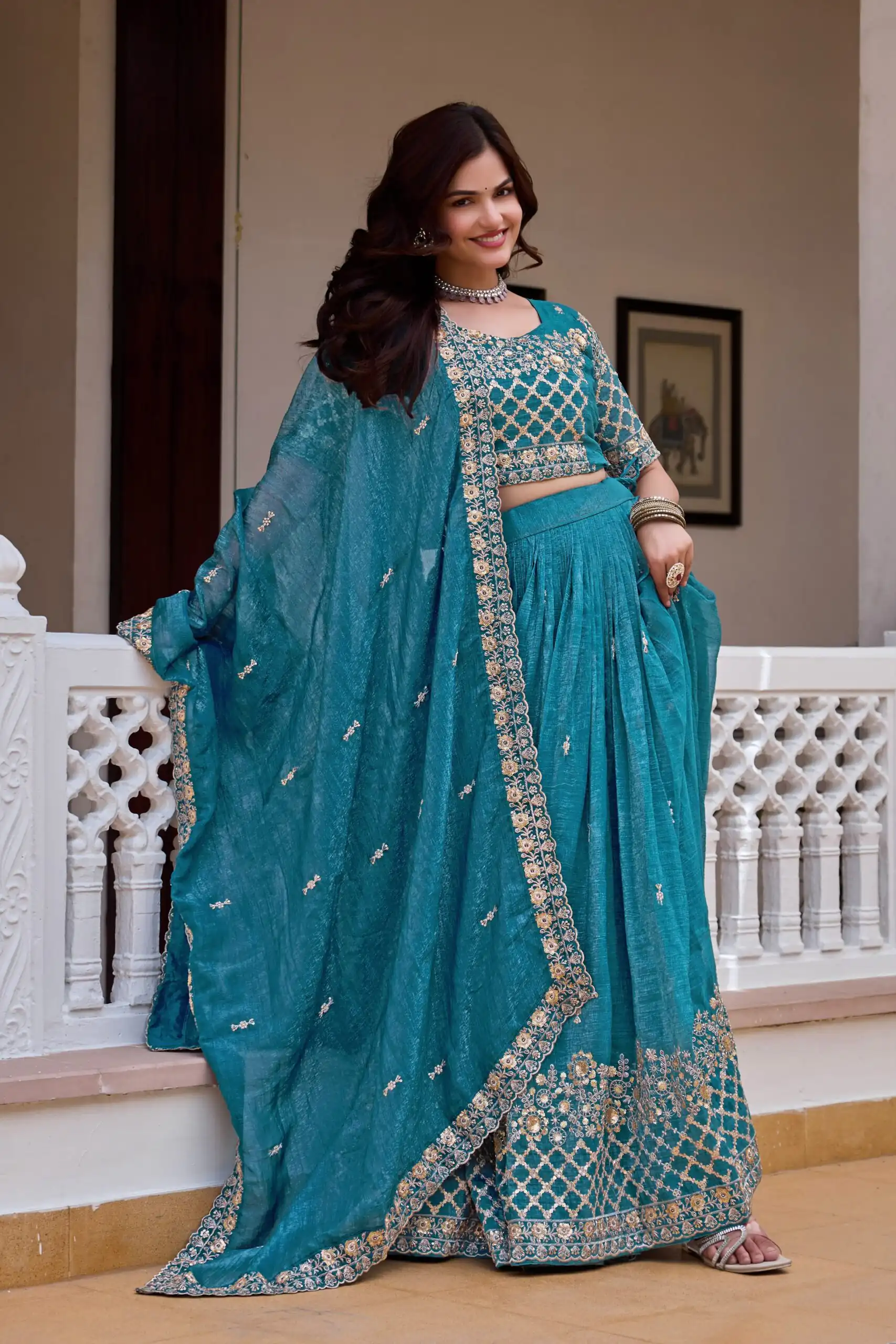 Stunning Teal Crunchy Embroidery Work Lehenga Choli - Image 4