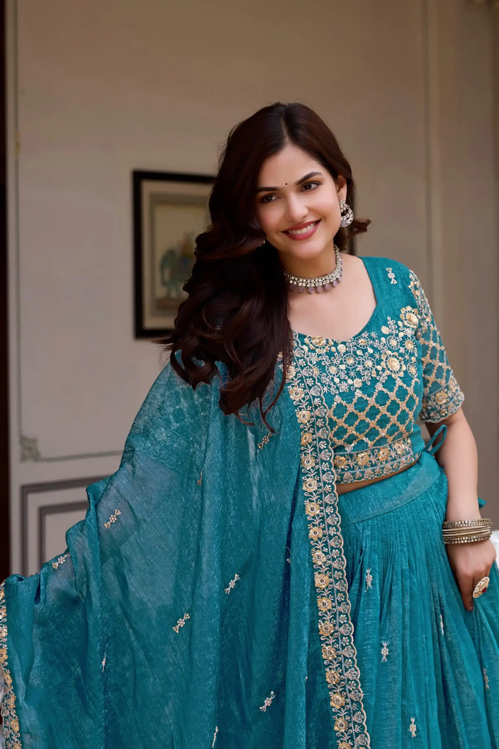 Stunning Teal Crunchy Embroidery Work Lehenga Choli - Image 2