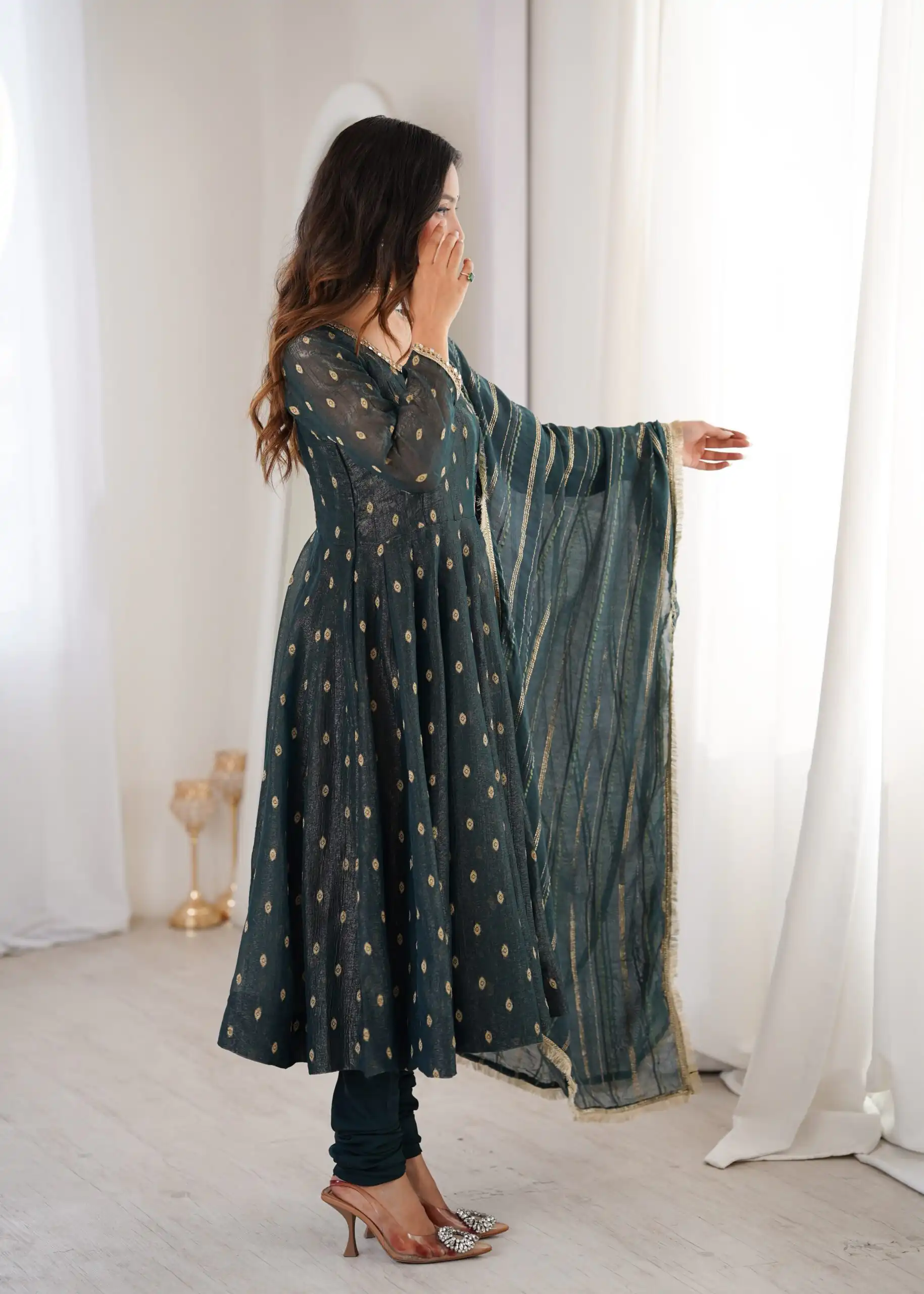 Stunning Teal Crunchy Silk Jacquard Work Gown - Image 5