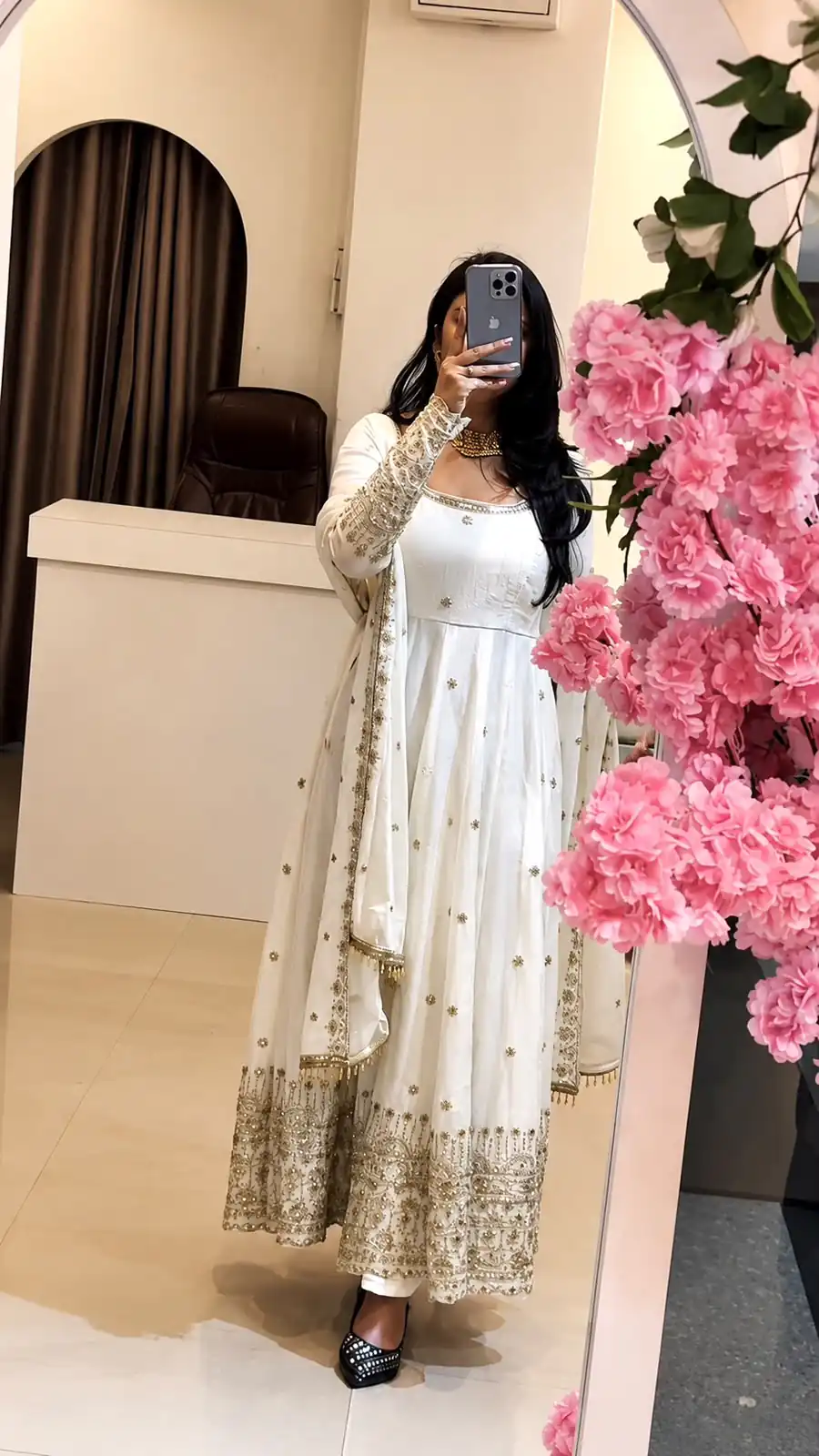 Stunning White Crunchy Silk Embroidery Work Gown - Image 4