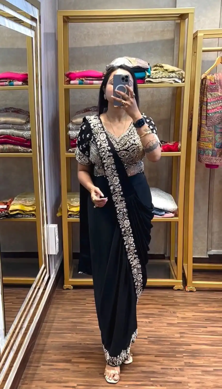 Stylist Black Chinon Bead Embroidery Work Saree - Image 3