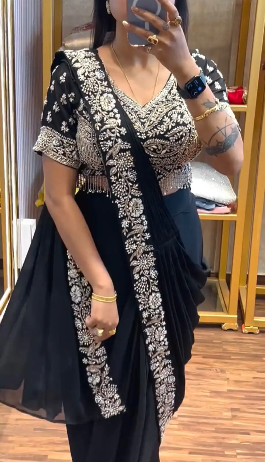 Stylist Black Chinon Bead Embroidery Work Saree - Image 2